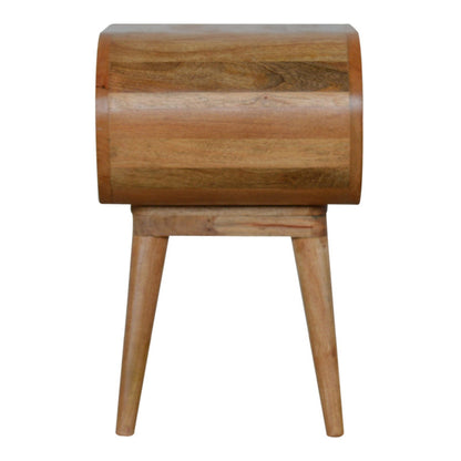 Jade Epimetheus circular open bedside table with a modern design, featuring a round top and open shelving for bedroom storage.