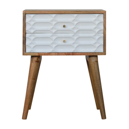 Capsule carved bedside table from Jade Epimetheus furniture, featuring a unique sculpted design and smooth finish.