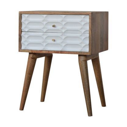 Capsule carved bedside table from Jade Epimetheus, showcasing intricate woodwork and a smooth, polished finish.