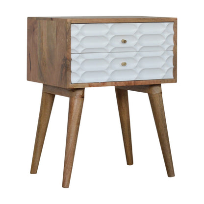 Capsule carved bedside table by Jade Epimetheus, showcasing intricate furniture design with a smooth, rounded shape and detailed carvings.