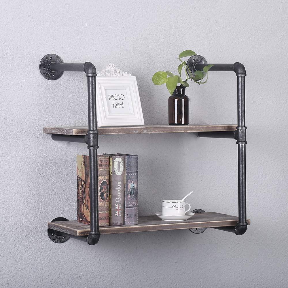 Industrial pipe shelving by Teal Crius, 2-tier 24-inch floating shelves for home decor with metal pipe design.