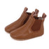 Tan riding style baby and toddler first walker boots by Rose Chestnut, showing soft leather footwear with decorative stitching.