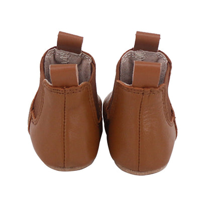 Tan riding style baby and toddler first walker boots by Rose Chestnut, featuring soft leather footwear for little feet.