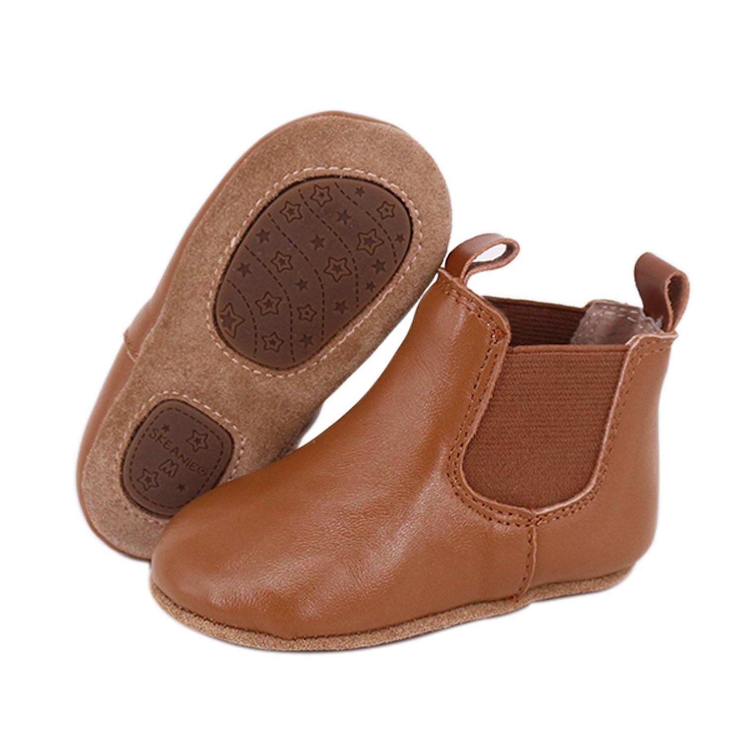 Tan riding style baby and toddler first walker boots by Rose Chestnut, featuring side sole detail.