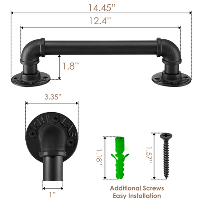 Black 12-inch industrial barn door handle by Teal Crius, made of galvanized metal with a rustic finish for home decor.
