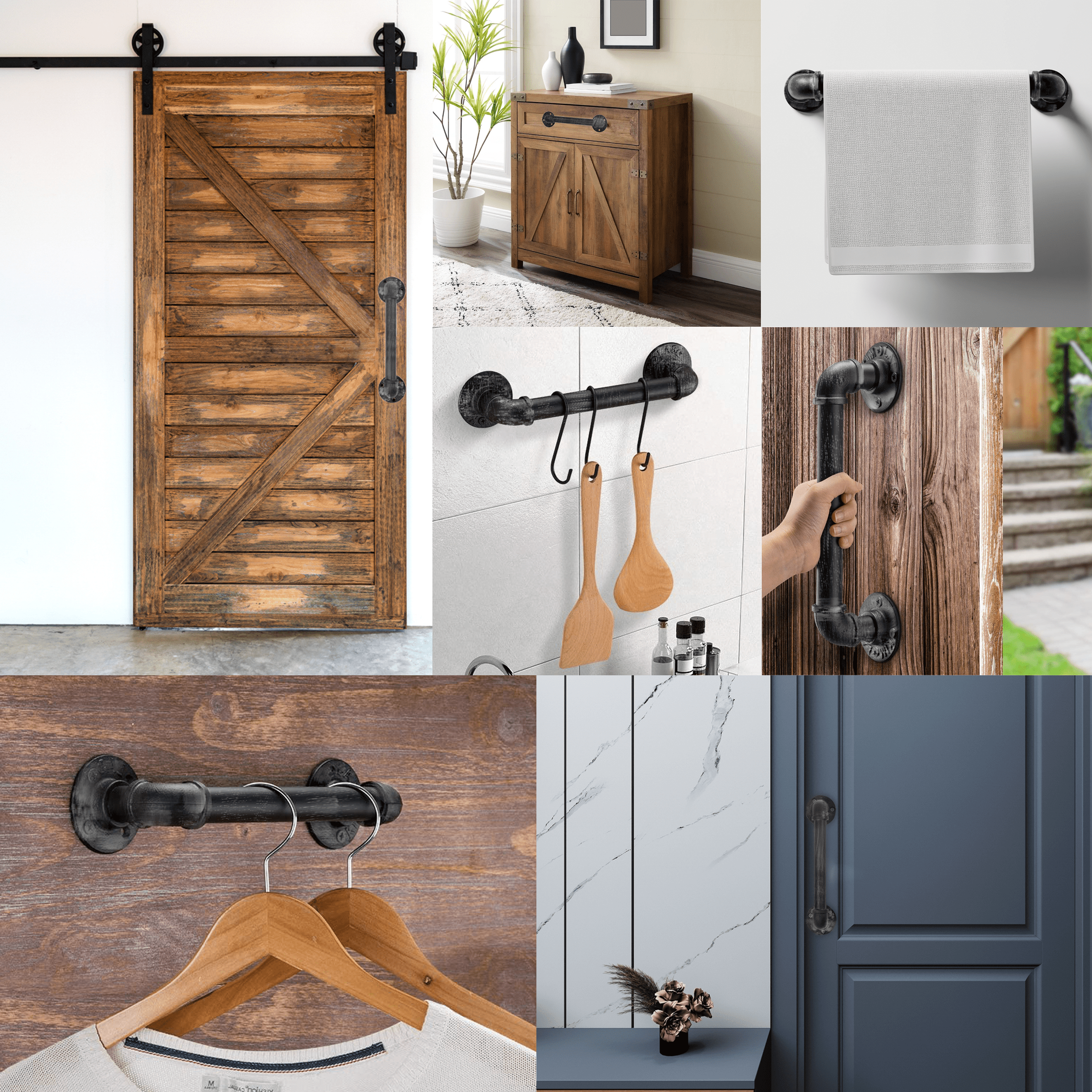 12-inch black and brushed silver industrial barn door handle by Teal Crius, rustic galvanized metal door pull for home decor.