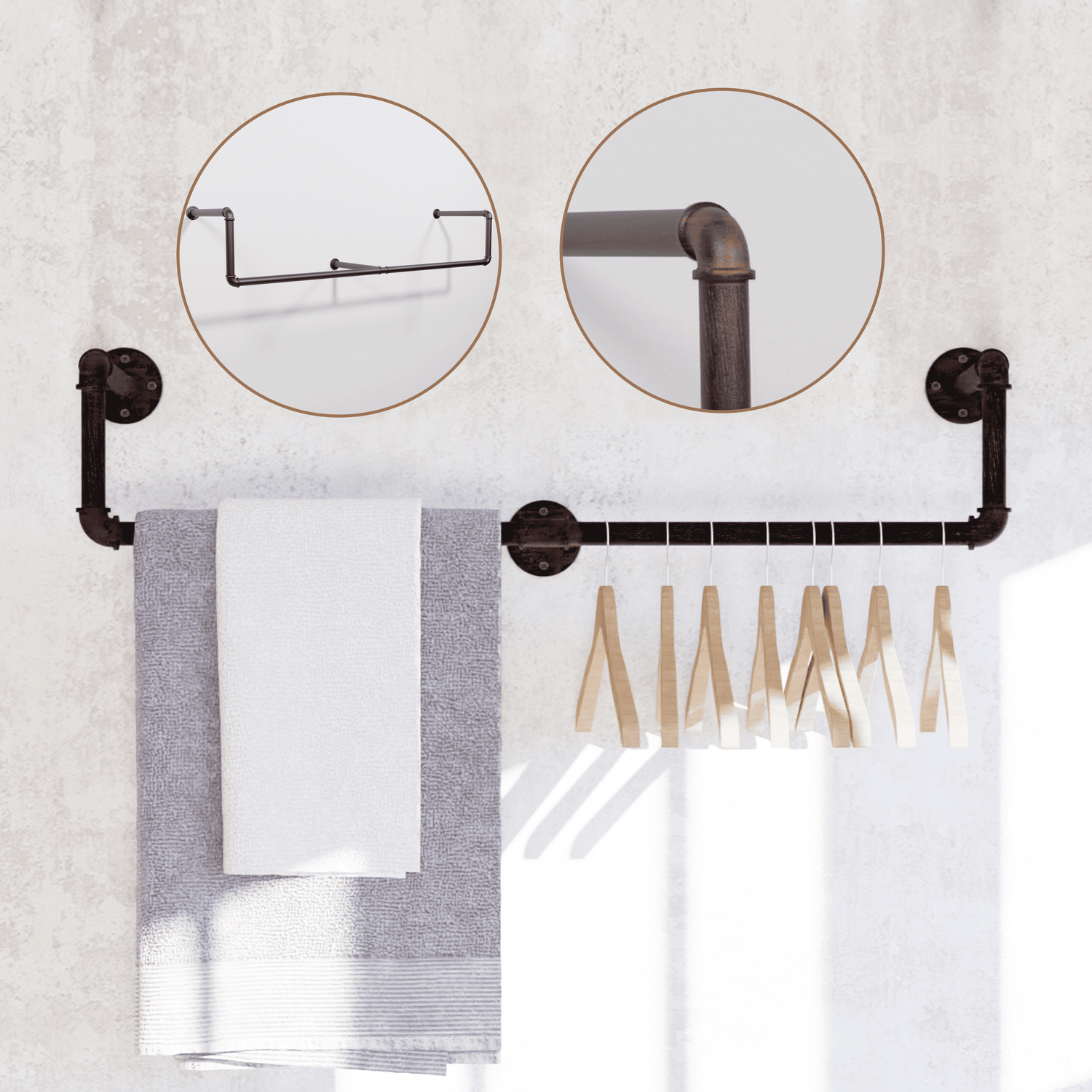 Black brush finish 39-inch industrial pipe wall-mounted clothing rack by Teal Crius, made of galvanized steel for hanging clothes.