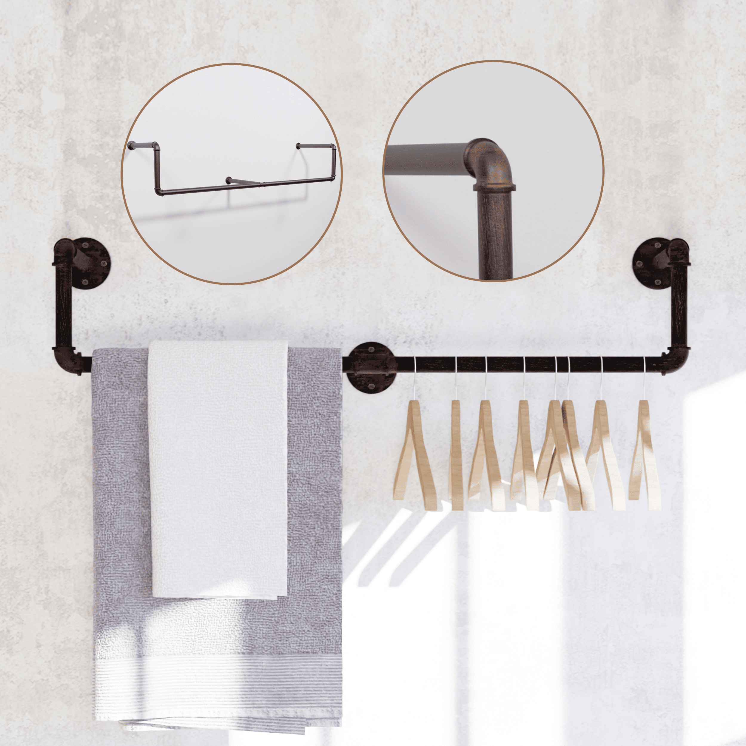 Black brush finish 39-inch industrial pipe wall-mounted clothing rack by Teal Crius, made of galvanized steel for hanging clothes.