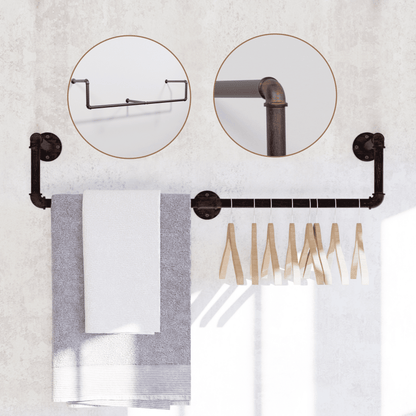 Black brush finish 39-inch industrial pipe wall-mounted clothing rack by Teal Crius, made of galvanized steel for hanging clothes.