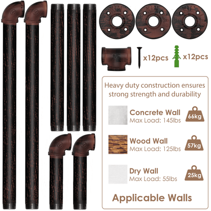 Black brush finish 39-inch industrial pipe clothing rack by Teal Crius, wall-mounted with galvanized steel for hanging clothes.