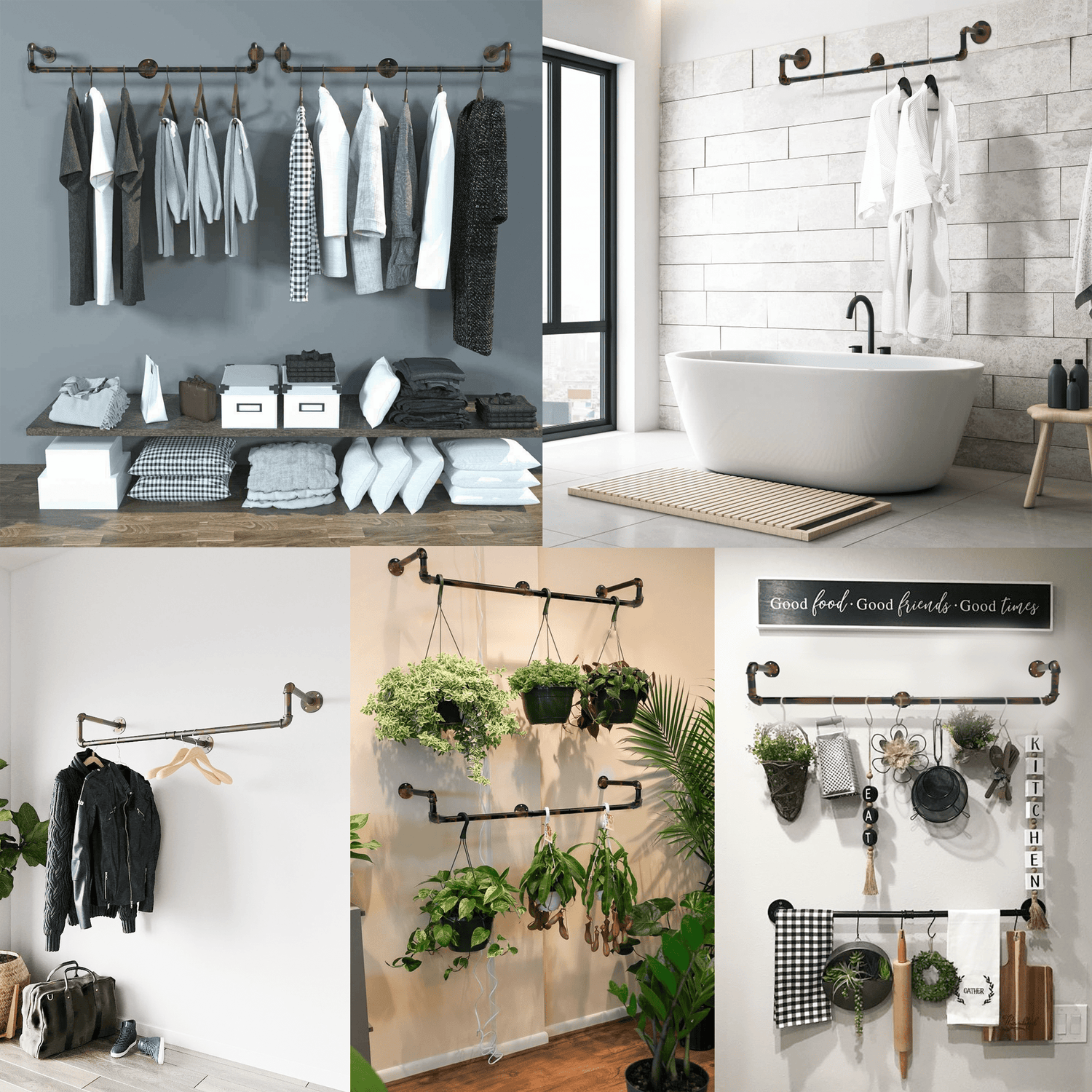 Wall-mounted industrial pipe clothing rack in black with brush red copper accents, made of galvanized steel for hanging clothes.