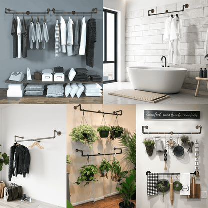 Wall-mounted industrial pipe clothing rack in black with brush red copper accents, made of galvanized steel for hanging clothes.