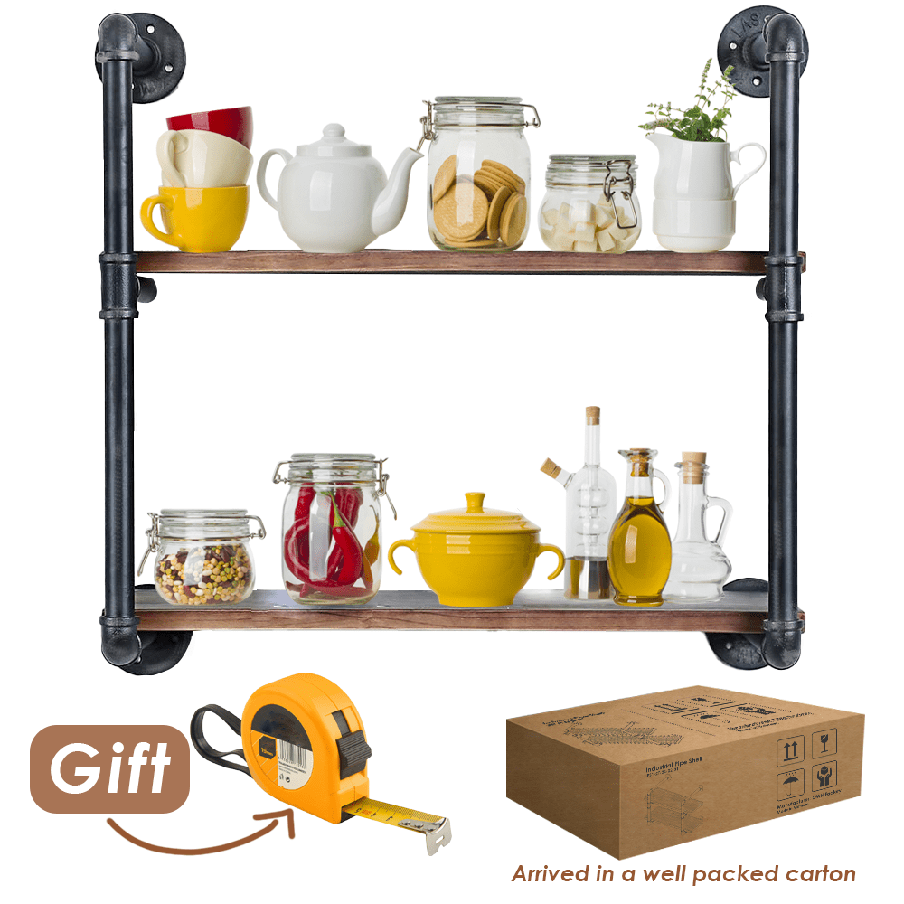Two-tier 24-inch industrial pipe shelving by Teal Crius, with solid pine wood shelves and galvanized steel pipes for home decor.
