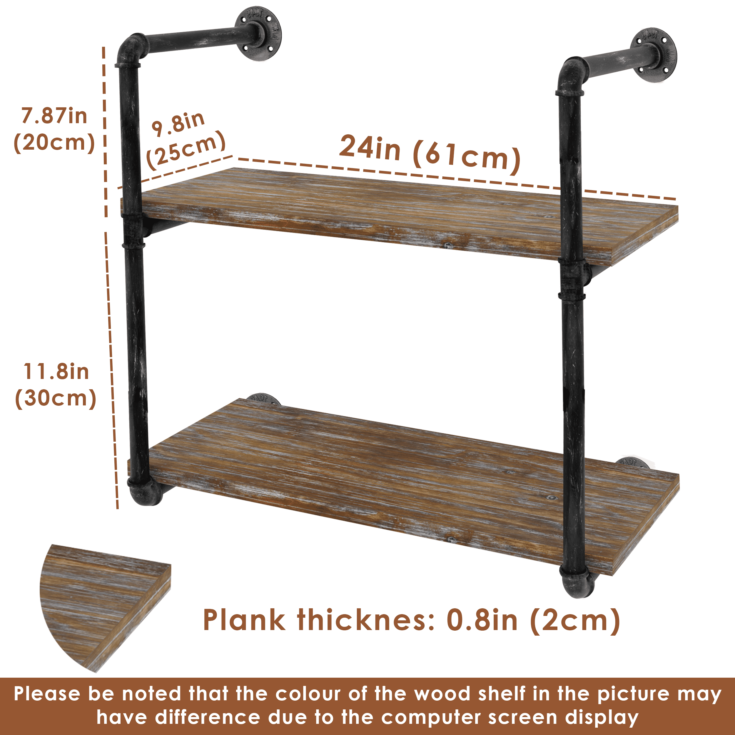 Two-tier industrial pipe shelving with solid pine wood shelves and galvanized steel brackets, perfect for industrial home decor.