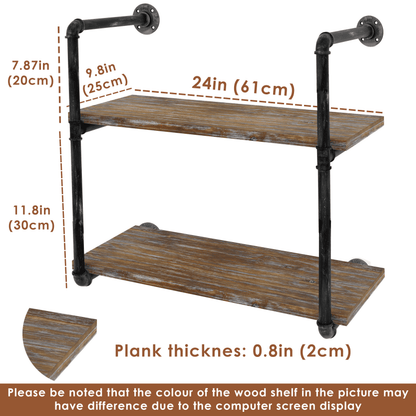 Two-tier industrial pipe shelving with solid pine wood shelves and galvanized steel brackets, perfect for industrial home decor.