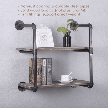 Two-tier 24-inch industrial pipe shelving by Teal Crius with galvanized steel supports and solid pine wood shelves for modern home decor.