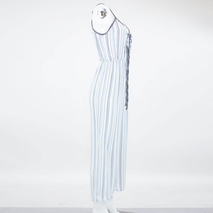 Blue front tie cropped jumpsuit from Yellow Hera, showcasing a stylish clothing piece with a fitted front tie and cropped length.