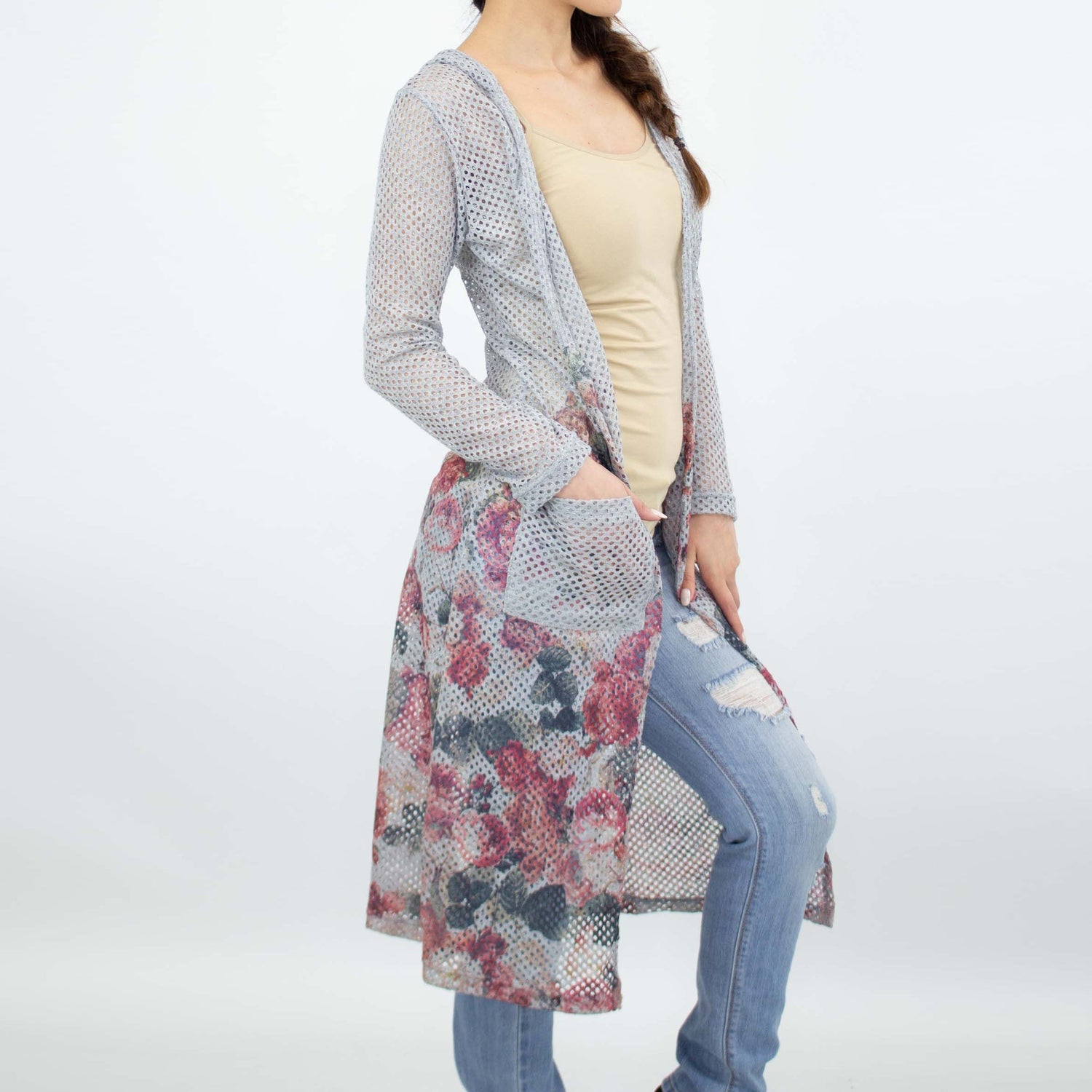 Yellow Hera long sleeve hooded light cardigan, casual clothing with a relaxed fit and front pockets, styled on a model.
