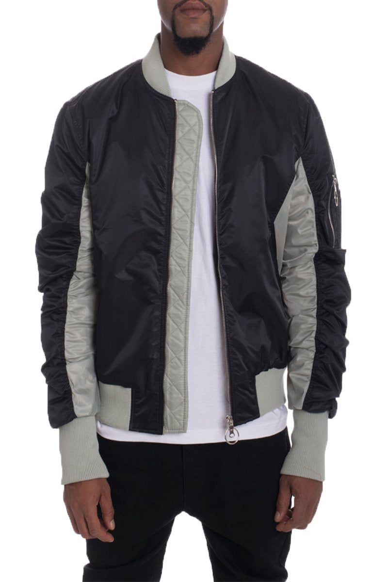 Lime Milo Bolden Two Tone Bomber jacket with black and neutral color blocks, stylish lightweight outerwear for casual wear.