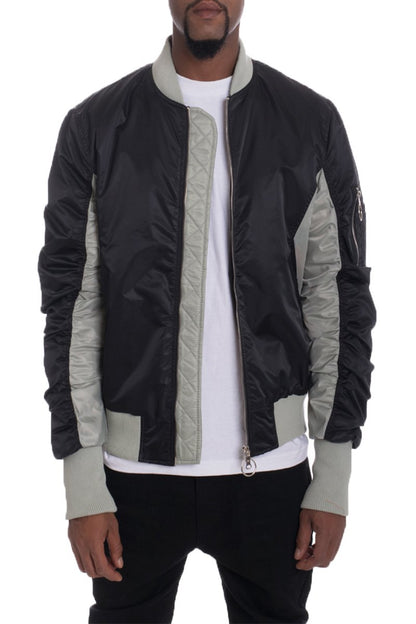 Lime Milo Bolden Two Tone Bomber jacket with black and neutral color blocks, stylish lightweight outerwear for casual wear.