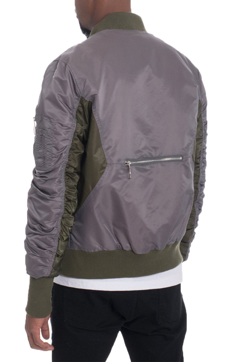 Grey two-tone bomber jacket by Lime Milo, stylish outerwear with a modern design and comfortable fit.