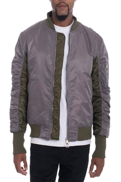 Grey two-tone bomber jacket by Lime Milo, stylish outerwear with a modern design and ribbed cuffs and collar.