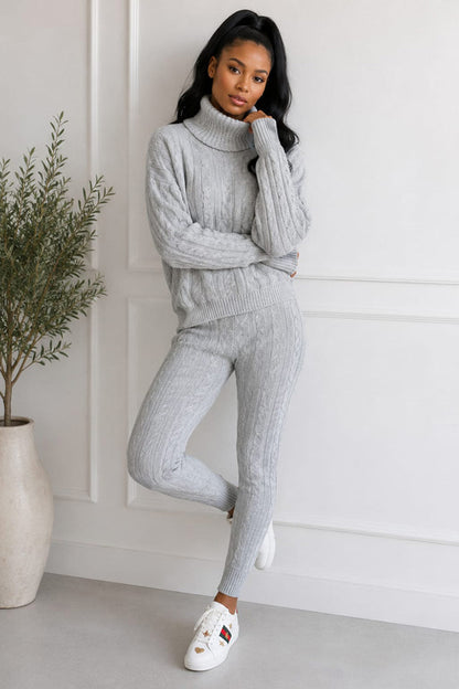 Women’s knitted ribbed polo high neck top and leggings loungewear set by Coffee Diomedes, shown in a cozy, chunky knit fabric.