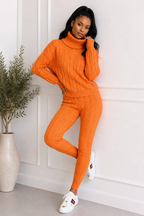 Ladies chunky knitted ribbed polo high neck top and matching leggings loungewear set from Coffee Diomedes, in cozy knit fabric.