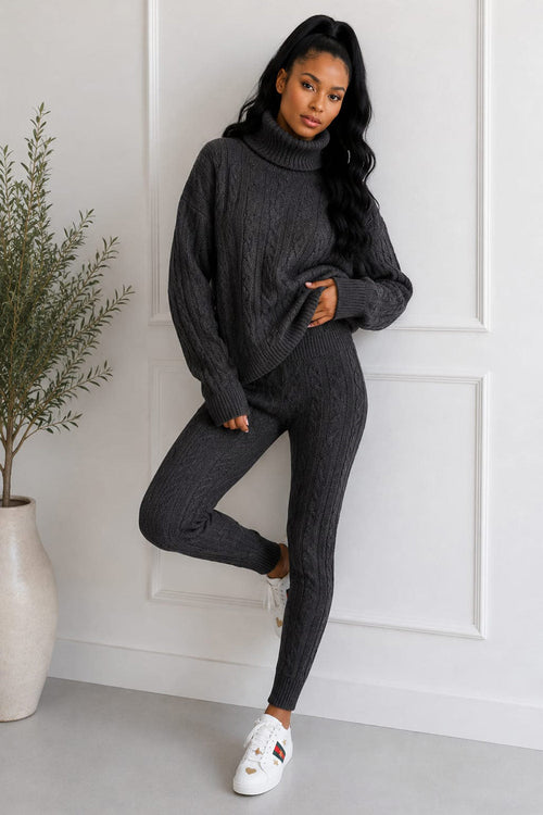 Women’s chunky knitted ribbed polo high-neck top and leggings loungewear set by Coffee Diomedes, in cozy, textured fabric.