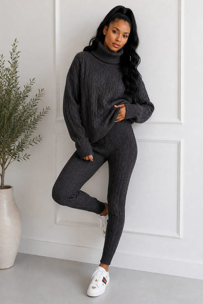 Women’s chunky knitted ribbed polo high-neck top and leggings loungewear set by Coffee Diomedes, in cozy, textured fabric.