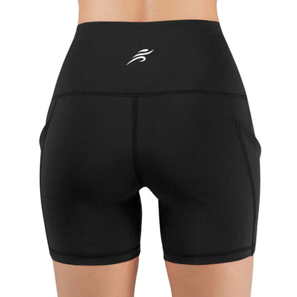 Black Lavender Jolie high-waisted athletic shorts with hip pockets, shown in black activewear fabric.