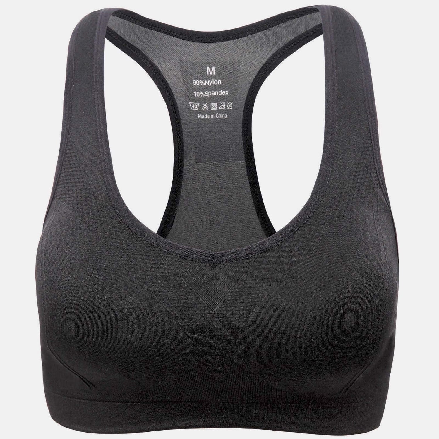 Black Lavender La Vittoria Racerback athletic sports bra shown from the front, featuring a supportive fit and breathable fabric for activewear.