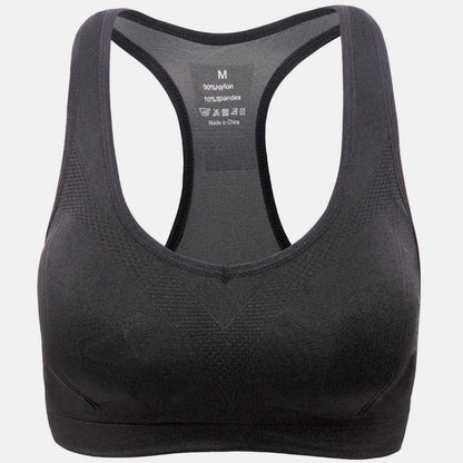 Black Lavender La Vittoria Racerback athletic sports bra shown from the front, featuring a supportive fit and breathable fabric for activewear.