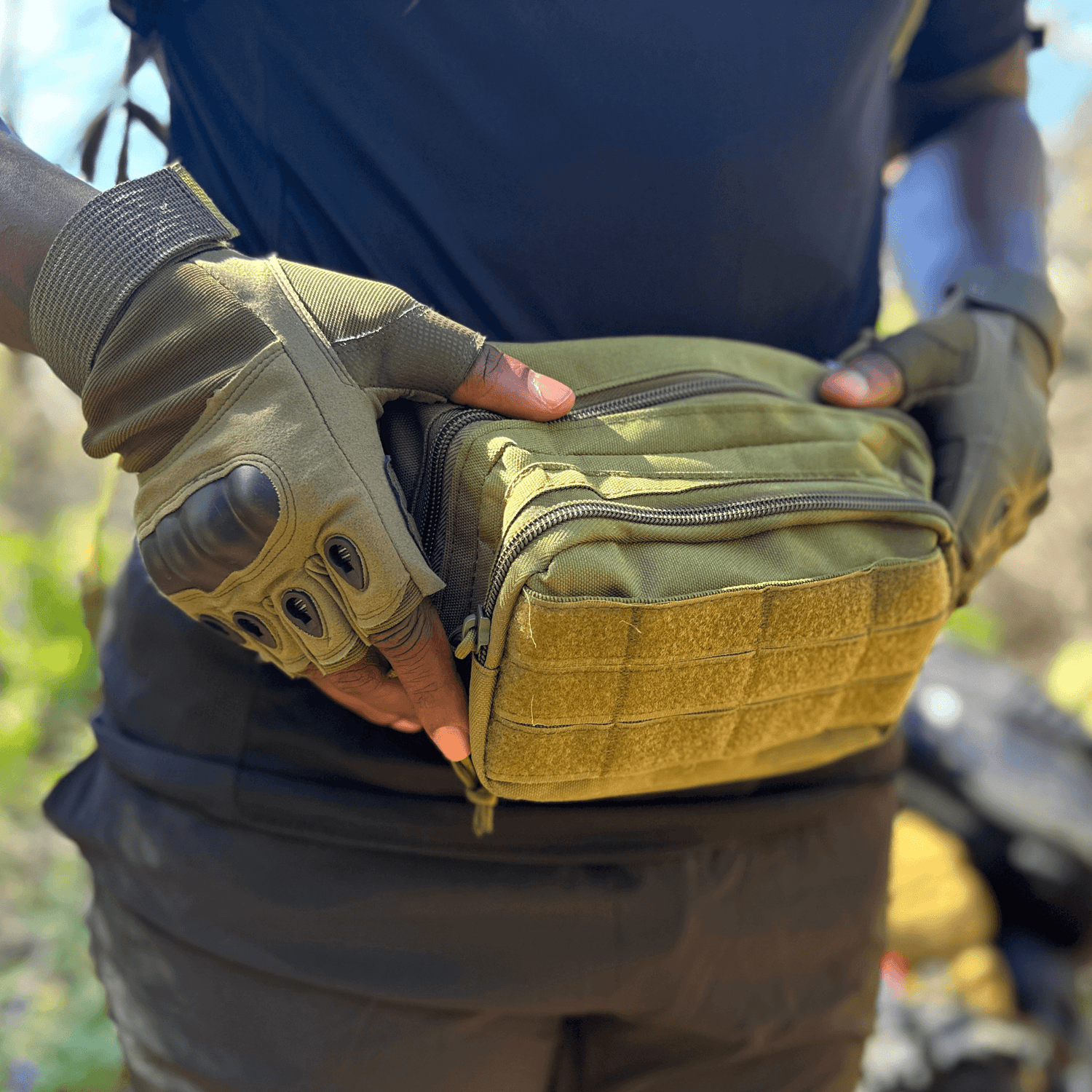 Green tactical fingerless airsoft gloves by Black Lavender, designed for outdoor sports, paintball, and outdoor activities.