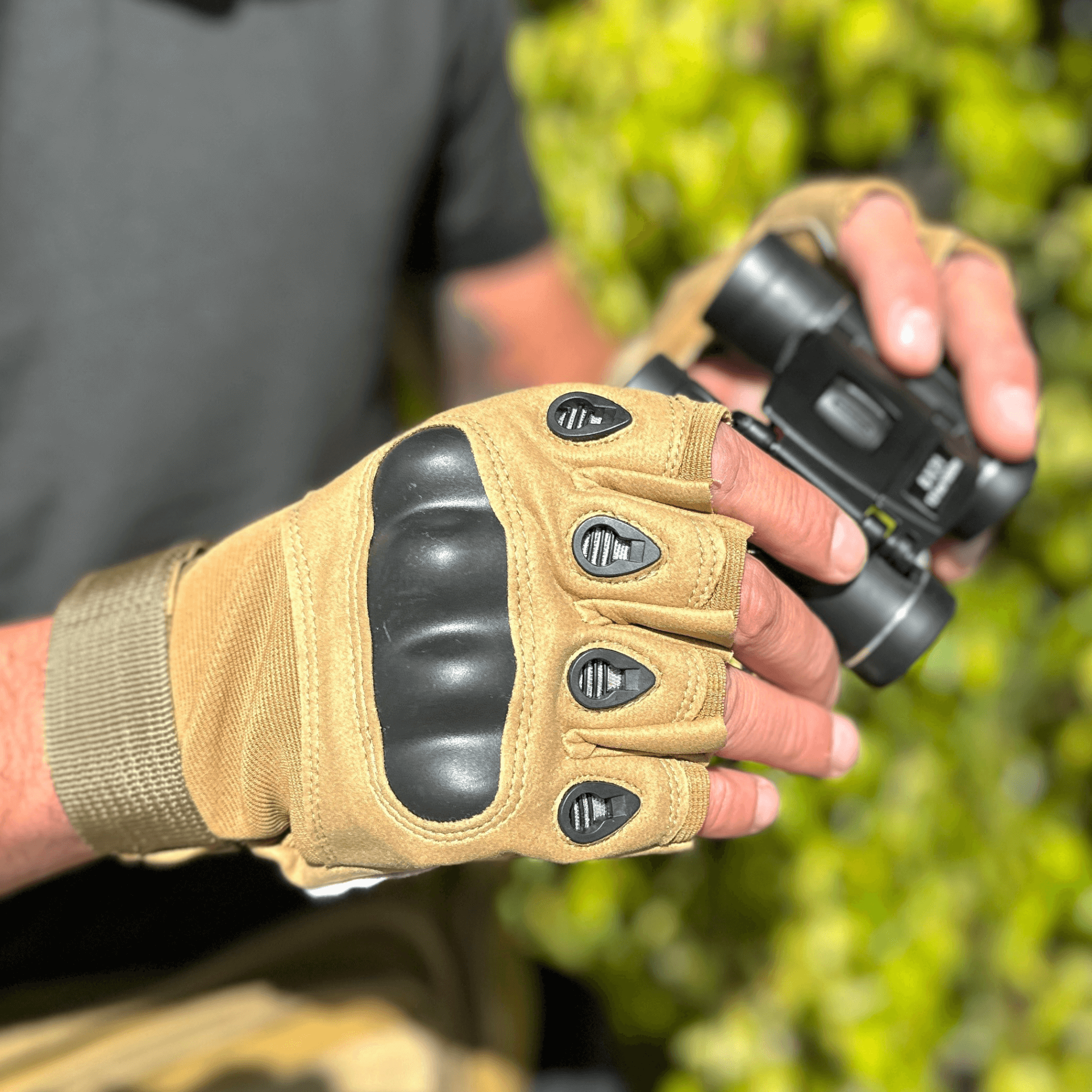 Black Lavender tactical fingerless airsoft gloves in tan, designed for outdoor sports, paintball, and outdoor activity protection.