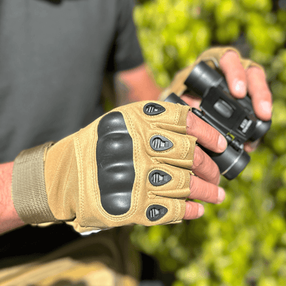 Black Lavender tactical fingerless airsoft gloves in tan, designed for outdoor sports, paintball, and outdoor activity protection.