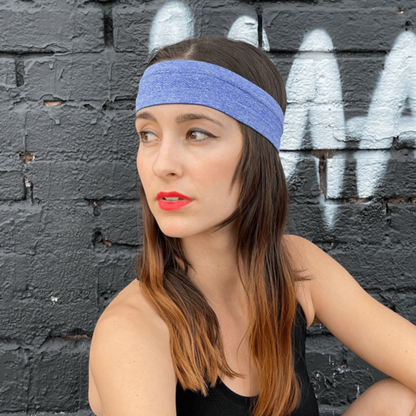 Black Lavender cardio cross-training headband showing a blue fabric headband with a black logo and moisture-wicking material.