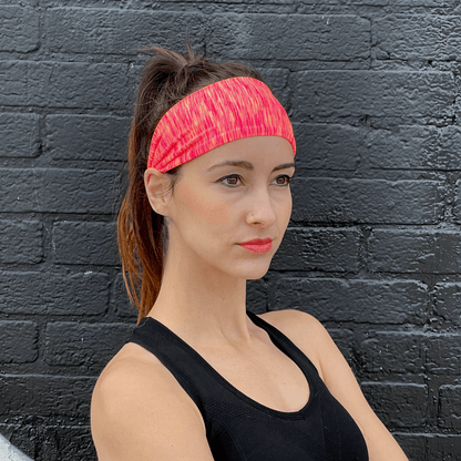 Pink Black Lavender extra-wide sport and fitness sweat-wicking headband shown on a model, designed for workout and fitness activities.