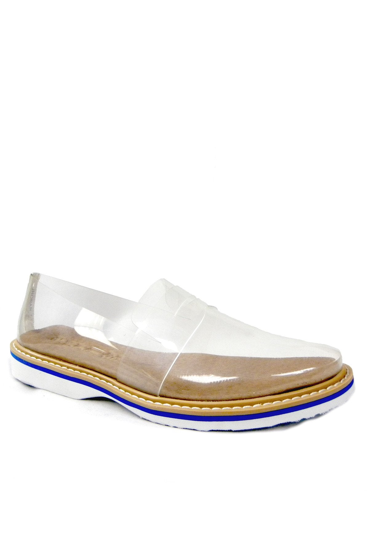 Clear JHONAN footwear by Azure Ophion featuring a sleek design and transparent material, perfect for modern style.