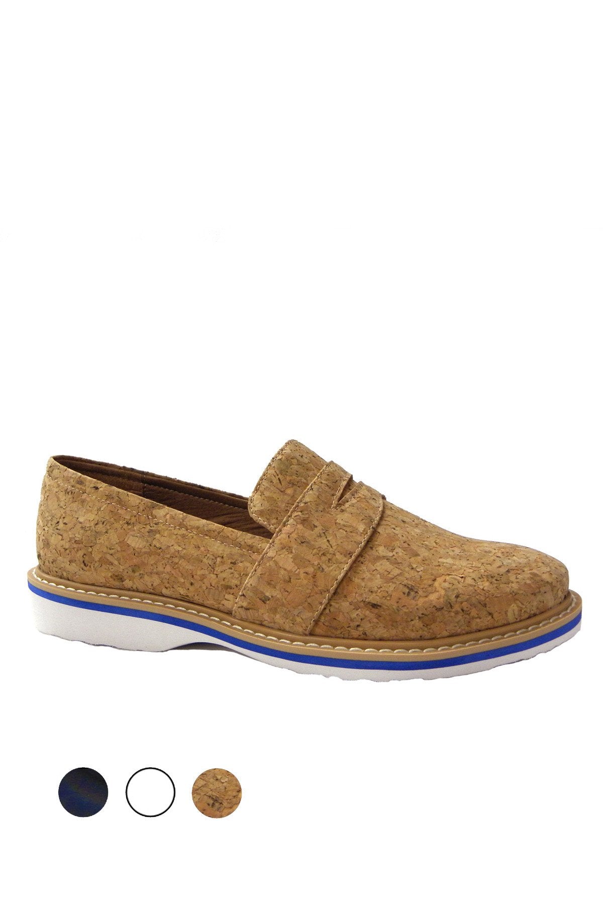 Azure Ophion JHONAN footwear with cork sole, stylish and comfortable shoe displayed on a white background.