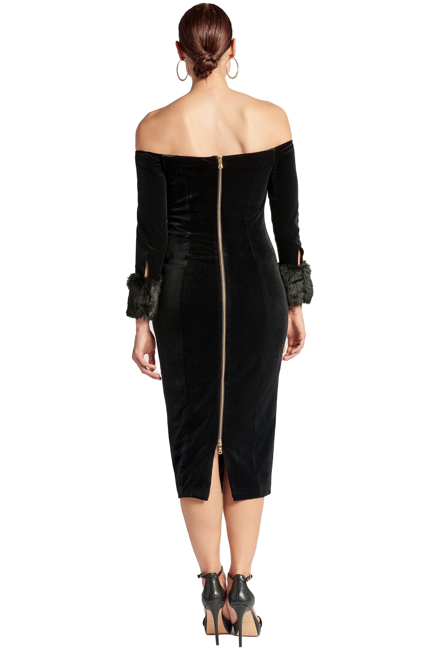 Peach Dionysus Joia velvet off-shoulder long sleeve dress with faux fur trim, elegant and stylish evening dress.