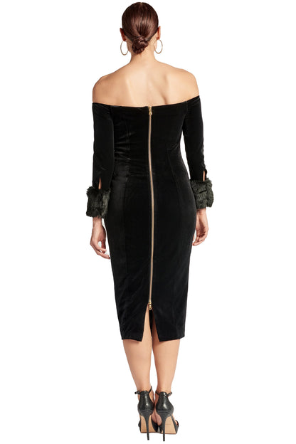 Peach Dionysus Joia velvet off-shoulder long sleeve dress with faux fur trim, elegant and stylish evening dress.