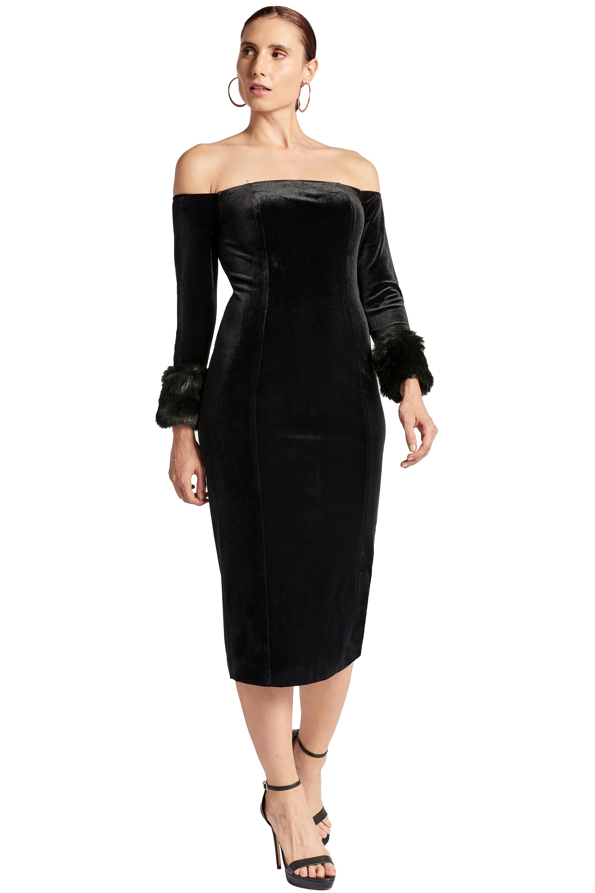 Peach Dionysus Joia velvet off-the-shoulder long sleeve dress with faux fur trim, stylish evening dress.