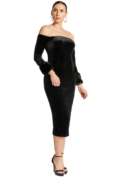 Peach Dionysus Joia velvet off-shoulder long sleeve dress with faux fur trim, elegant evening wear for women.