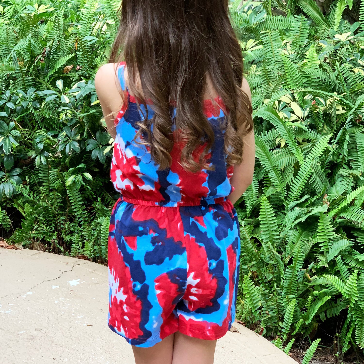 Black Simba AnnLoren girls tie dye 4th of July shorts jumpsuit, back view, perfect for summer patriotic kids&