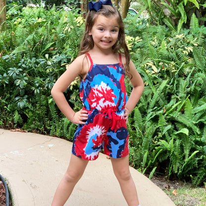 Black Simba AnnLoren girls tie-dye 4th of July jumpsuit, summer romper with patriotic red, white, and blue design, perfect for kids.