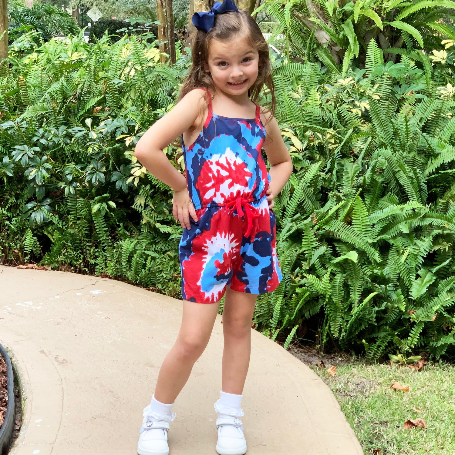 Black Simba AnnLoren girls tie-dye 4th of July shorts jumpsuit, summer romper with patriotic red, white, and blue colors.