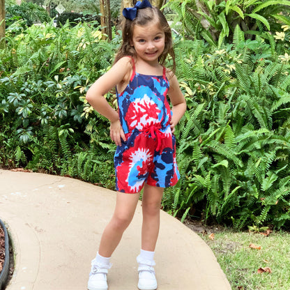 Black Simba AnnLoren girls tie-dye 4th of July shorts jumpsuit, summer romper with patriotic red, white, and blue colors.
