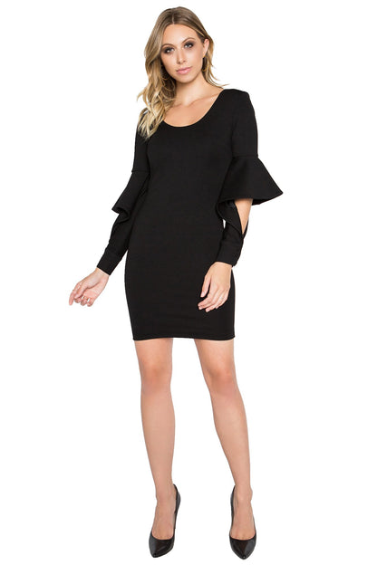 Black Jayla Dress by Peach Dionysus, a mini bodycon dress with cuffed bell sleeves, shown from the front.