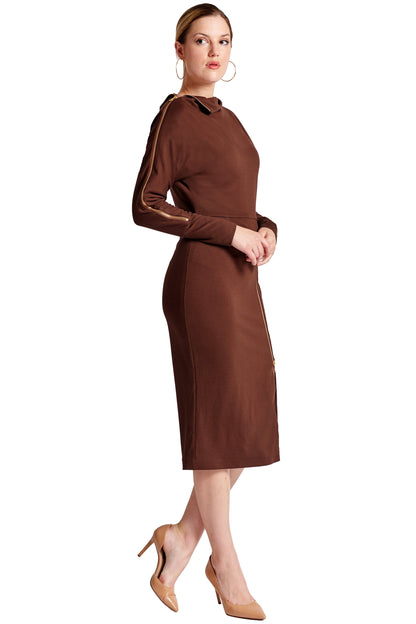 Brown Josefa asymmetric midi dress by Peach Dionysus, featuring long sleeves and convertible design, shown from the side.